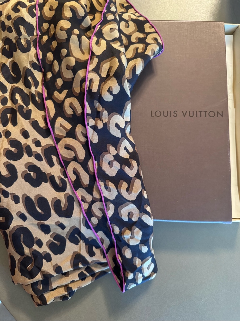 Louis Vuitton Leopard Print Silk Scarf with Pink Trim Box Included
